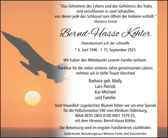Traueranzeige von Bernd-Hasso Köhler von Nordwest-Zeitung