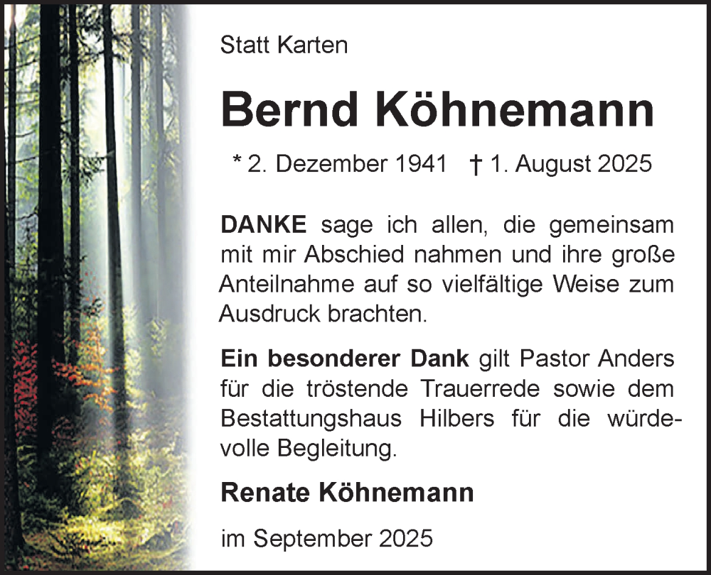  Traueranzeige für Bernd Köhnemann vom 13.09.2025 aus Nordwest-Zeitung