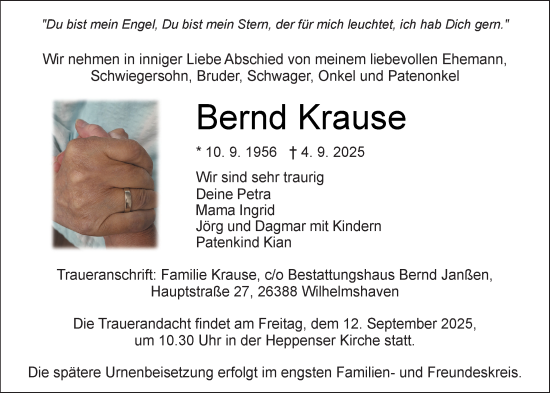 Traueranzeige von Bernd Krause von WZ/JW/AH