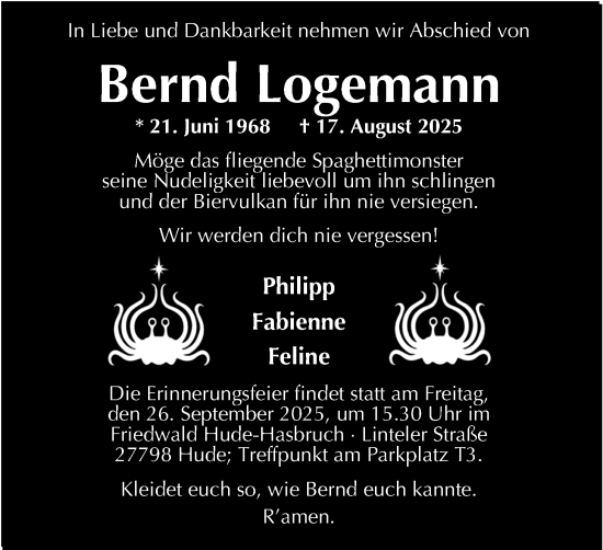 Traueranzeige von Bernd Logemann von Nordwest-Zeitung