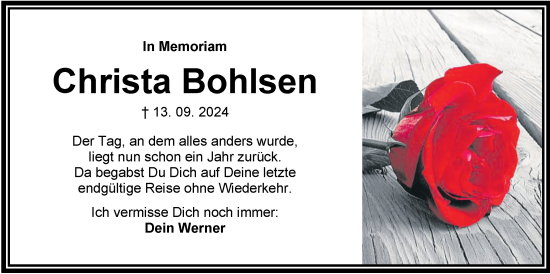 Traueranzeige von Christa Bohlsen von WZ/JW/AH