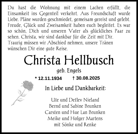 Traueranzeige von Christa Hellbusch von Nordwest-Zeitung