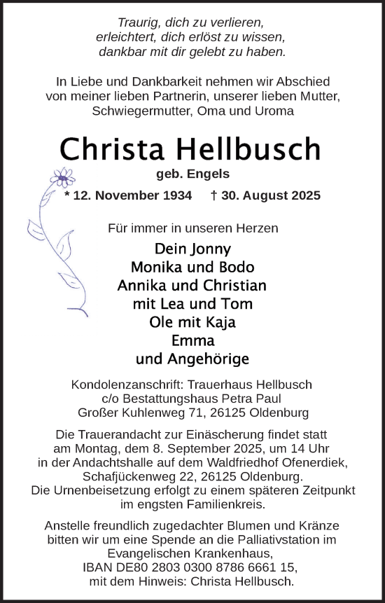 Traueranzeige von Christa Hellbusch von Nordwest-Zeitung