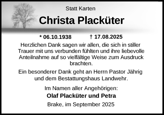 Traueranzeige von Christa Placküter von Nordwest-Zeitung