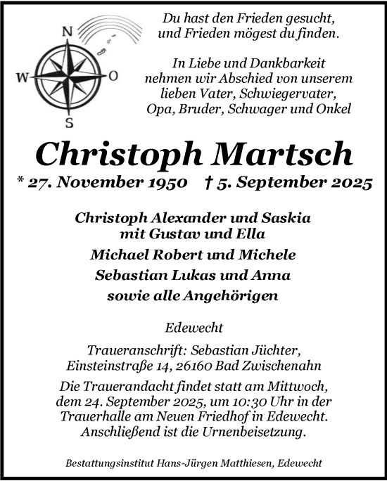 Traueranzeige von Christoph Martsch von Nordwest-Zeitung