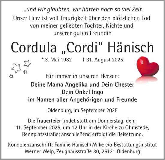 Traueranzeige von Cordula Hänisch von Nordwest-Zeitung
