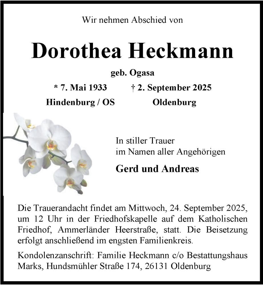 Traueranzeige für Dorothea Heckmann vom 13.09.2025 aus Nordwest-Zeitung