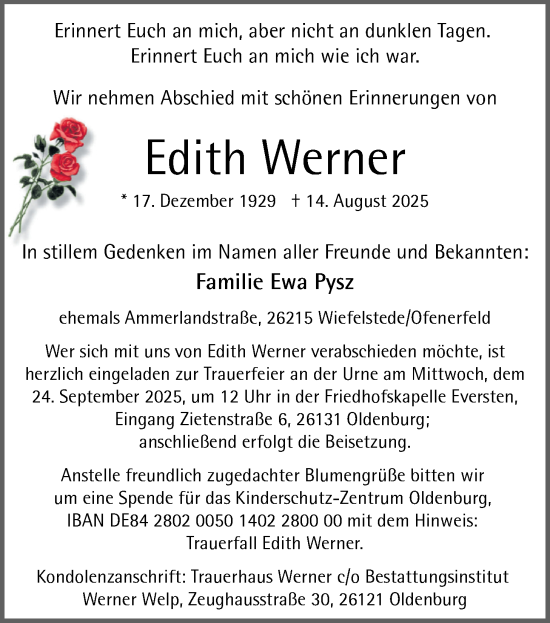 Traueranzeige von Edith Werner von Nordwest-Zeitung
