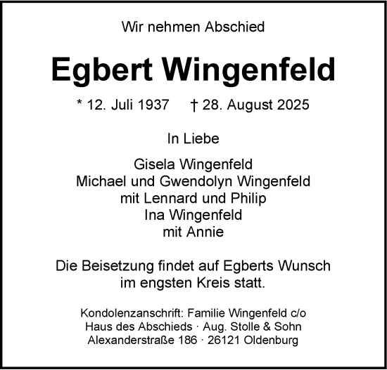 Traueranzeige von Egbert Wingenfeld von Nordwest-Zeitung