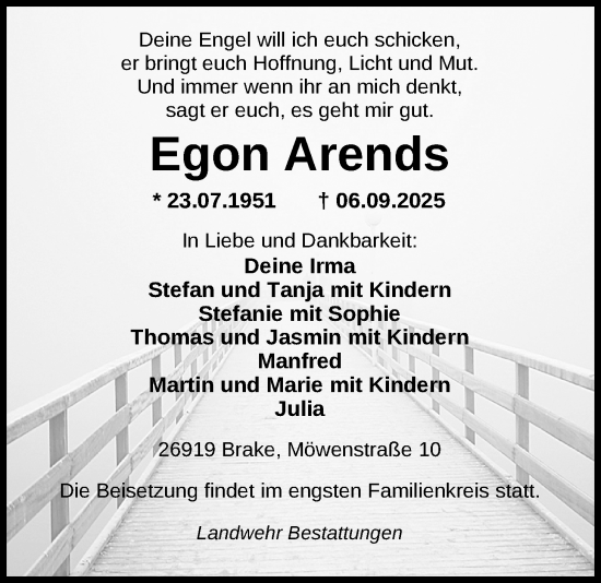 Traueranzeige von Egon Arends von Nordwest-Zeitung