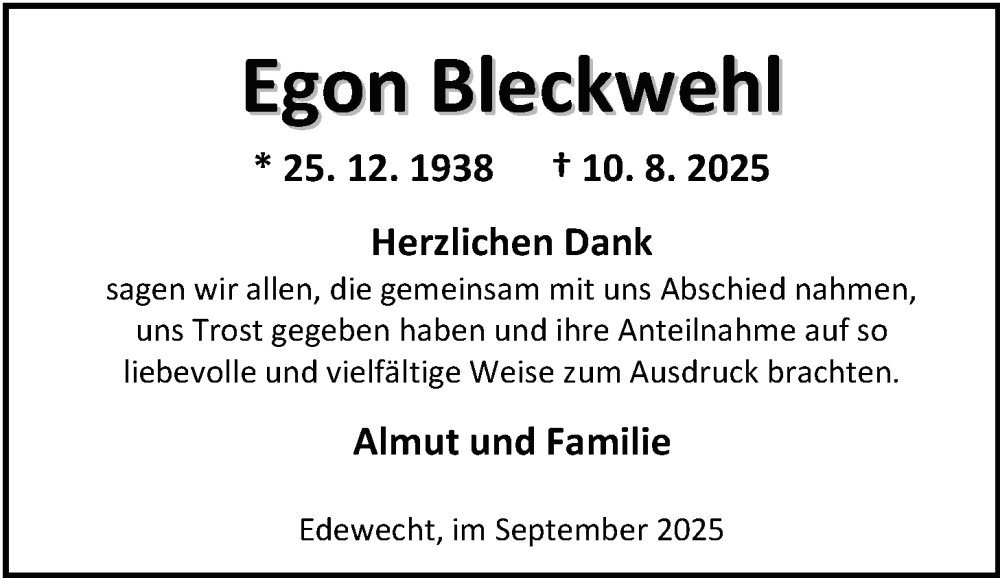  Traueranzeige für Egon Bleckwehl vom 27.09.2025 aus Nordwest-Zeitung
