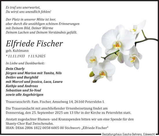 Traueranzeige von Elfriede Fischer von Nordwest-Zeitung