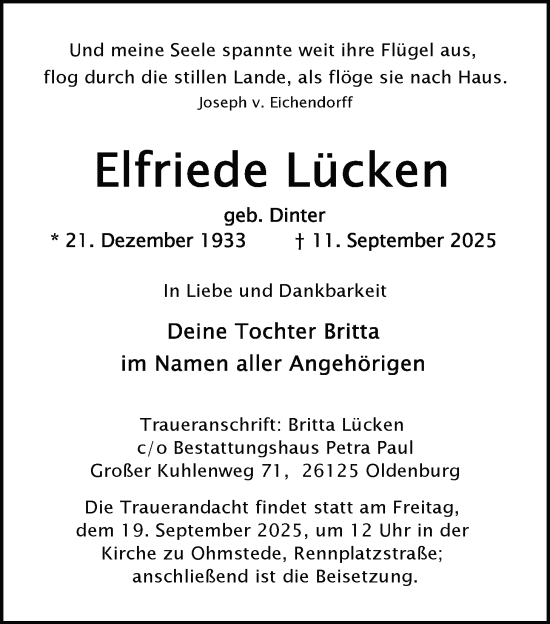 Traueranzeige von Elfriede Lücken von Nordwest-Zeitung