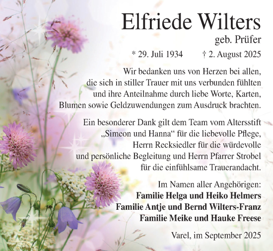 Traueranzeige von Elfriede Wilters von Nordwest-Zeitung