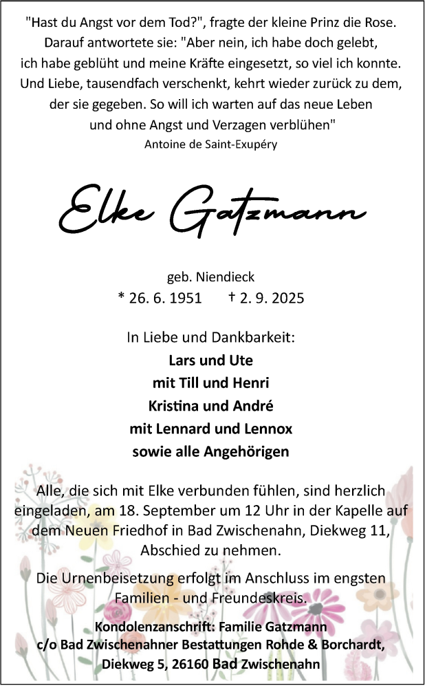  Traueranzeige für Elke Gatzmann vom 12.09.2025 aus Nordwest-Zeitung