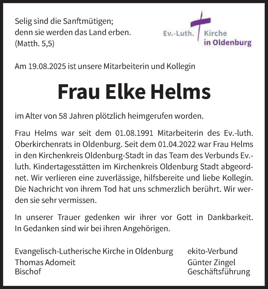  Traueranzeige für Elke Helms vom 03.09.2025 aus Nordwest-Zeitung