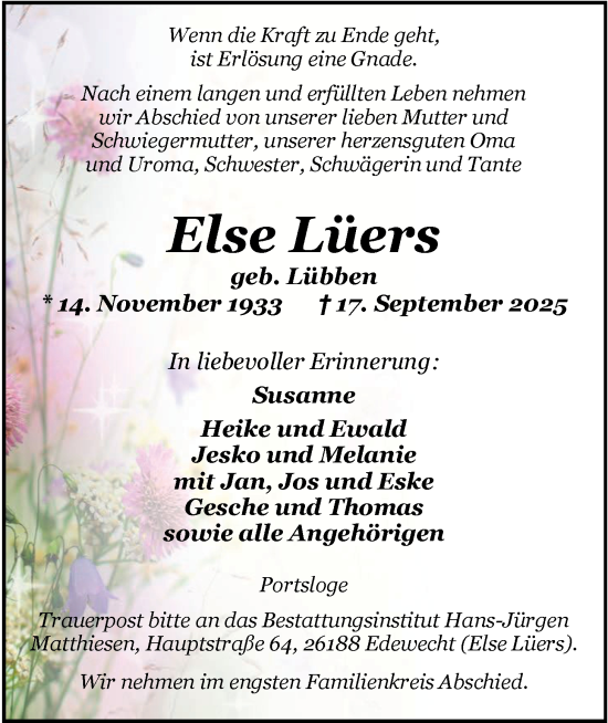 Traueranzeige von Else Lüers von Nordwest-Zeitung