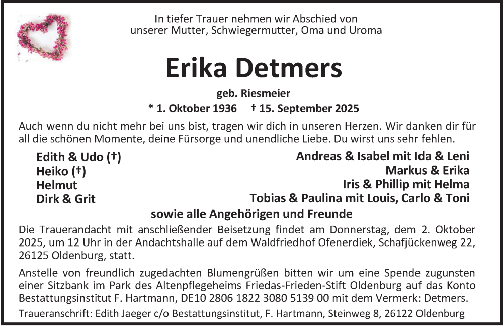  Traueranzeige für Erika Detmers vom 20.09.2025 aus Nordwest-Zeitung