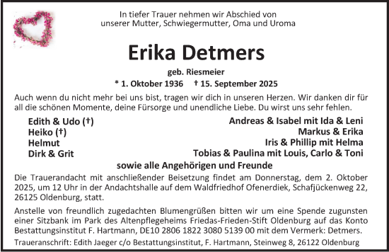 Traueranzeige von Erika Detmers von Nordwest-Zeitung