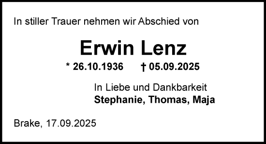 Traueranzeige von Erwin Lenz von Nordwest-Zeitung