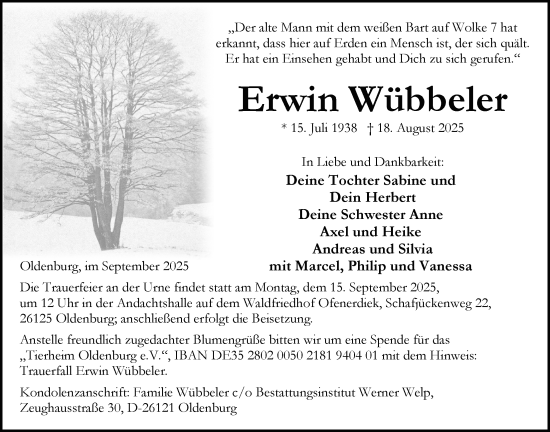 Traueranzeige von Erwin Wübbeler von Nordwest-Zeitung