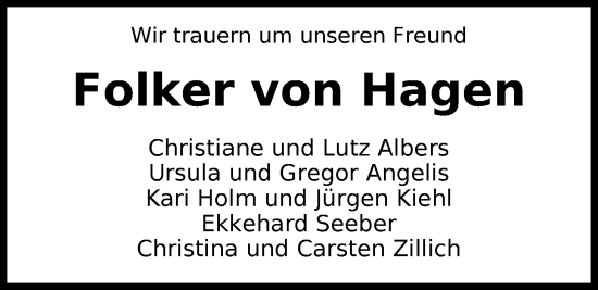 Traueranzeige von Folker von Hagen von Nordwest-Zeitung