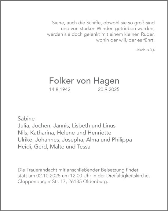 Traueranzeige von Folker von Hagen von Nordwest-Zeitung