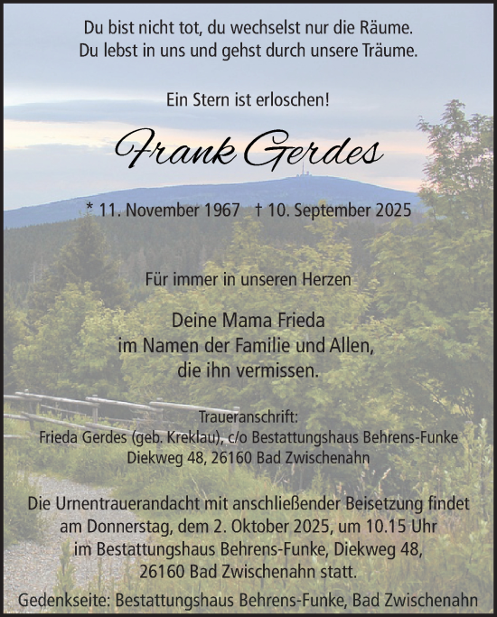 Traueranzeige von Frank Gerdes von Nordwest-Zeitung
