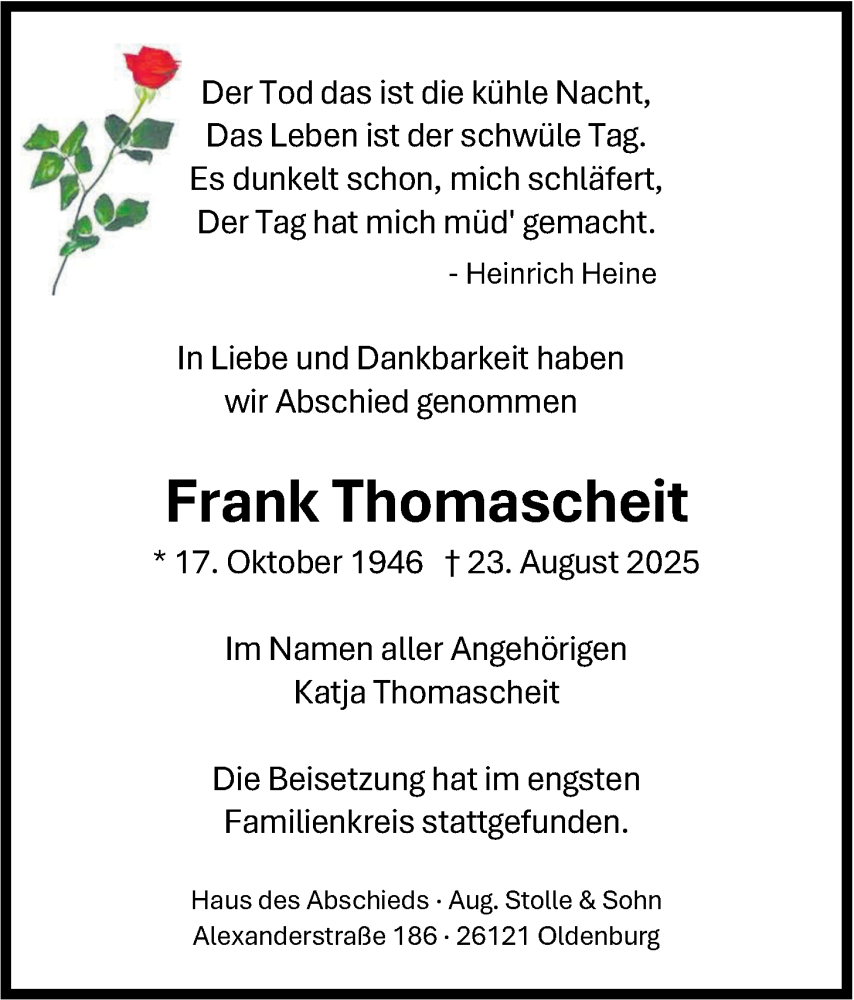  Traueranzeige für Frank Thomascheit vom 27.09.2025 aus Nordwest-Zeitung