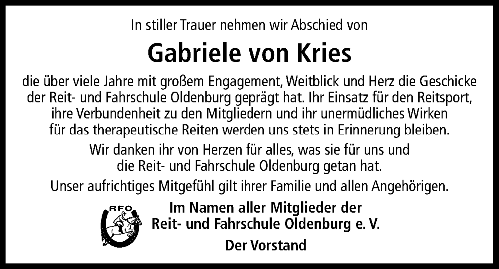 Traueranzeige für Gabriele von Kries vom 25.09.2025 aus Nordwest-Zeitung