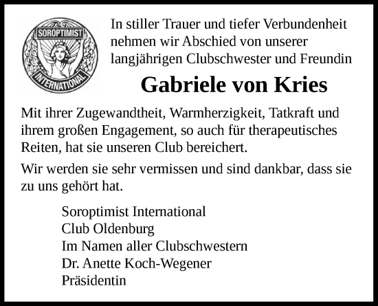 Traueranzeige von Gabriele von Kries von Nordwest-Zeitung