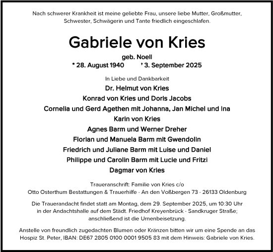 Traueranzeige von Gabriele von Kries von Nordwest-Zeitung