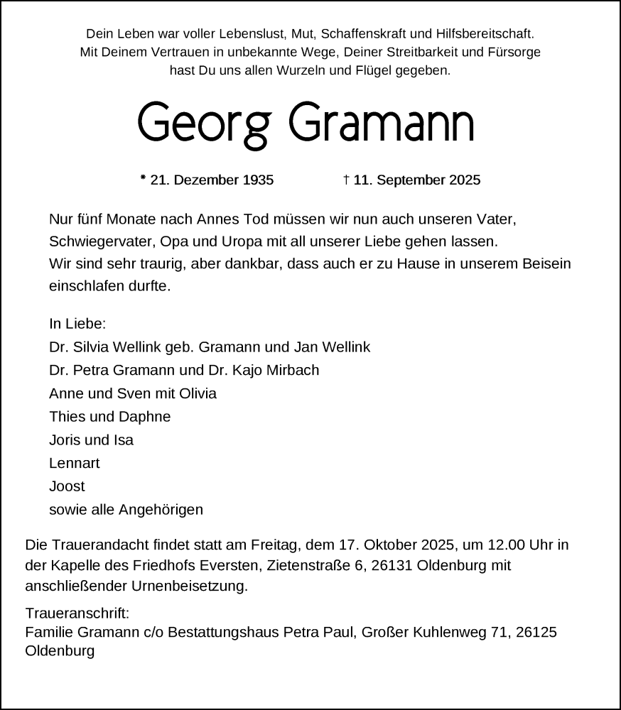  Traueranzeige für Georg Gramann vom 27.09.2025 aus Nordwest-Zeitung