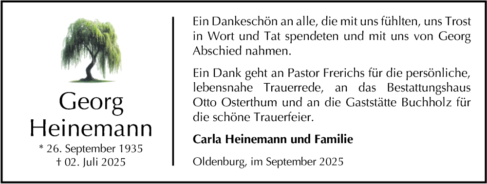  Traueranzeige für Georg Heinemann vom 06.09.2025 aus Nordwest-Zeitung