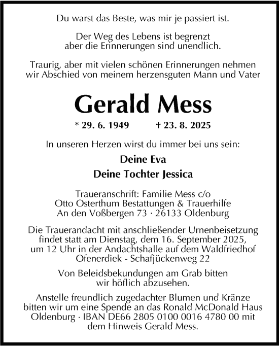 Traueranzeige von Gerald Mess von Nordwest-Zeitung
