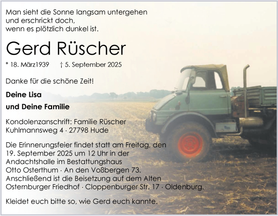 Traueranzeige von Gerd Rüscher von Nordwest-Zeitung