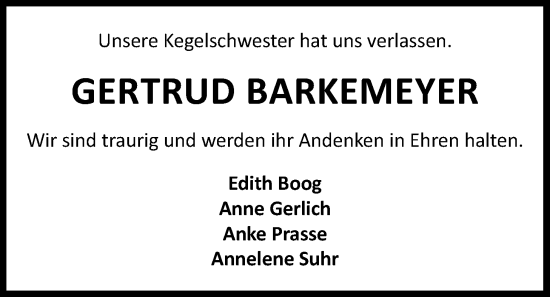 Traueranzeige von Gertrud Barkemeyer von Nordwest-Zeitung