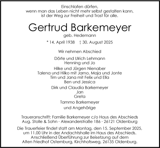 Traueranzeige von Gertrud Barkemeyer von Nordwest-Zeitung