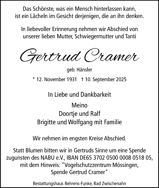 Traueranzeige von Gertrud Cramer von Nordwest-Zeitung