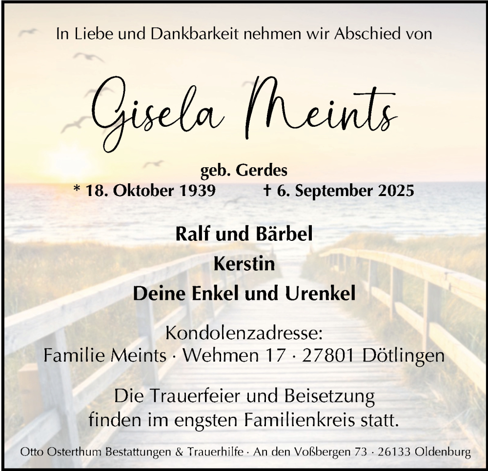  Traueranzeige für Gisela Meints vom 19.09.2025 aus Nordwest-Zeitung
