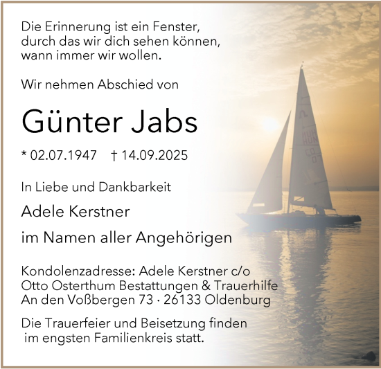 Traueranzeige von Günter Jabs von Nordwest-Zeitung