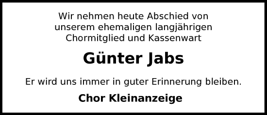 Traueranzeige von Günter Jabs von Nordwest-Zeitung
