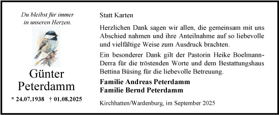 Traueranzeige von Günter Peterdamm von Nordwest-Zeitung