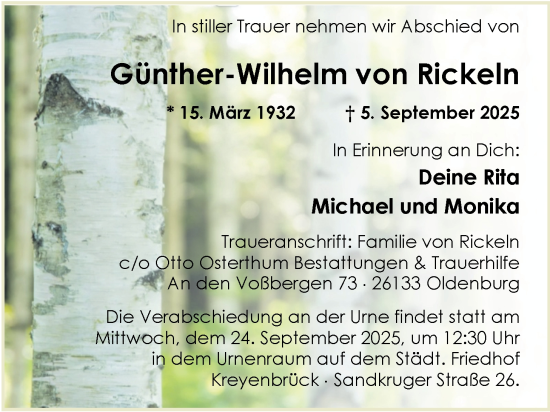 Traueranzeige von Günther-Wilhelm von Rickeln von Nordwest-Zeitung