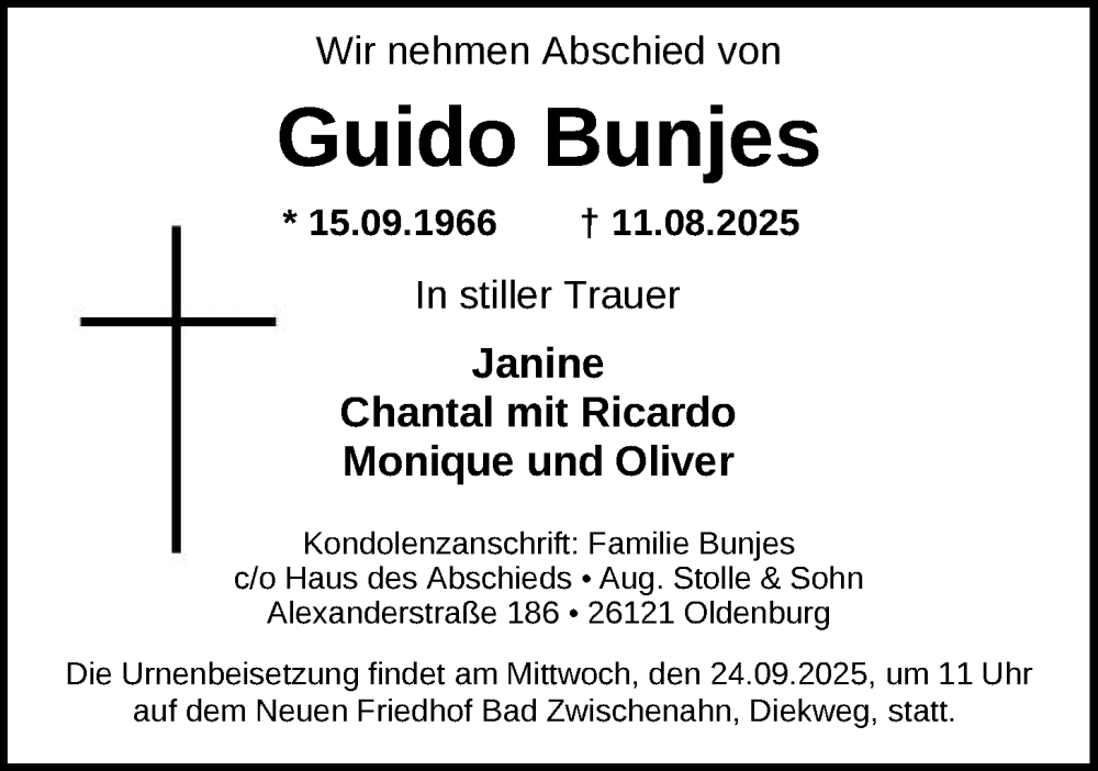  Traueranzeige für Guido Bunjes vom 17.09.2025 aus Nordwest-Zeitung
