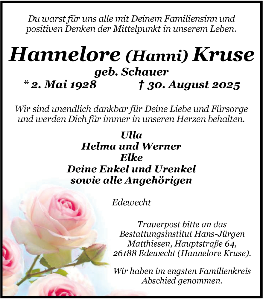  Traueranzeige für Hannelore Kruse vom 13.09.2025 aus Nordwest-Zeitung