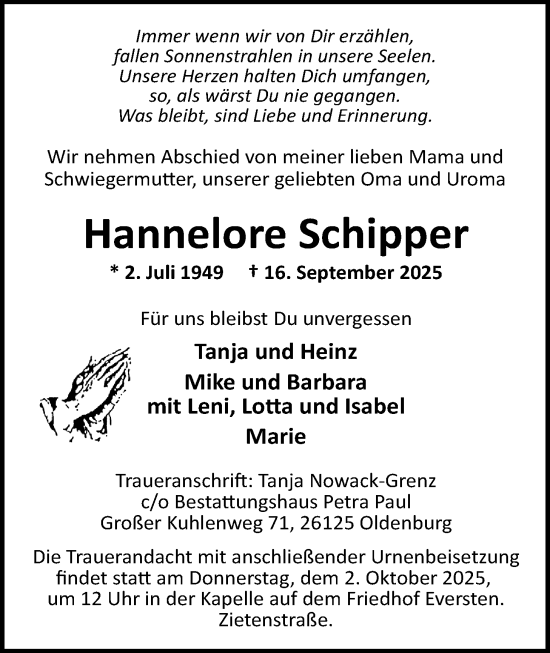 Traueranzeige von Hannelore Schipper von Nordwest-Zeitung
