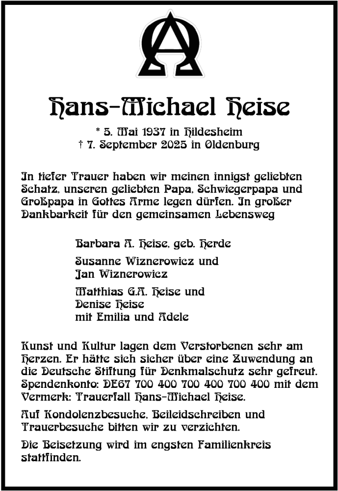  Traueranzeige für Hans-Michael Heise vom 27.09.2025 aus Nordwest-Zeitung