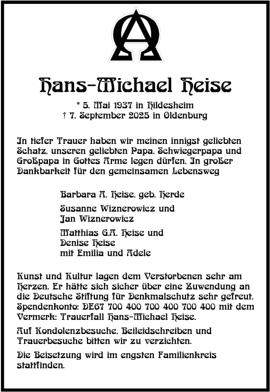 Traueranzeige von Hans-Michael Heise von Nordwest-Zeitung