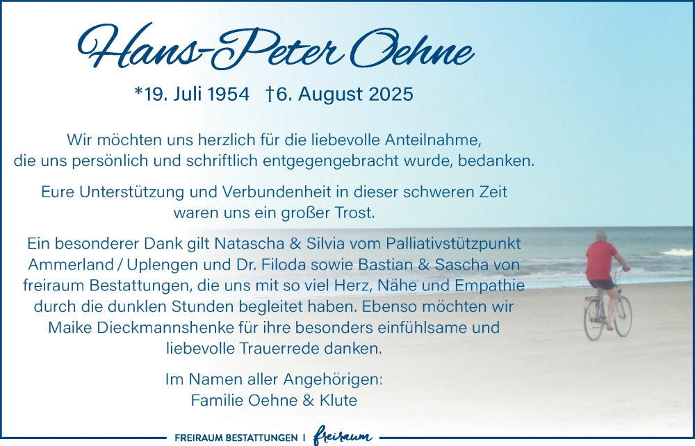  Traueranzeige für Hans-Peter Oehne vom 20.09.2025 aus Nordwest-Zeitung